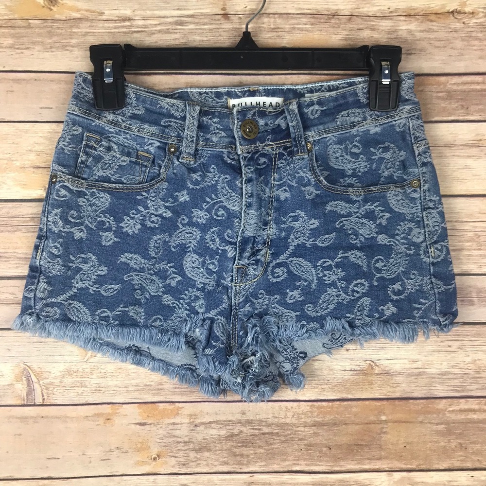 Bullhead Shorts Juniors 5 High Rise Short Short Stretch Denim Paisley Pockets